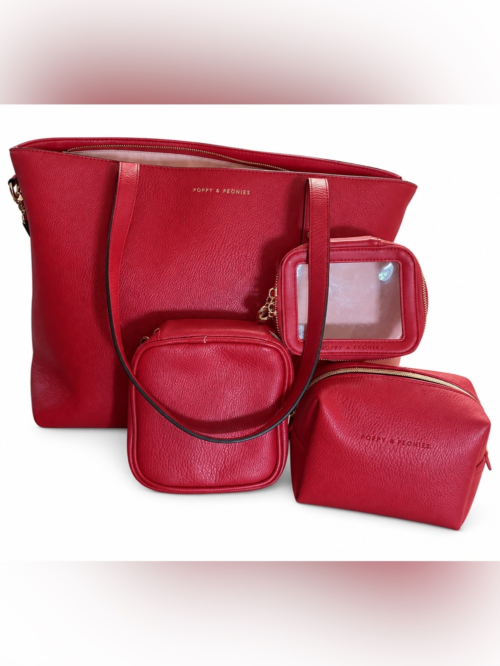 Poppy & Peonies Red Women’s Tote Bag Set with Matching Pouches